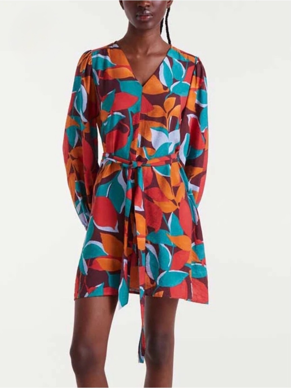 Compania Fantastica Long Sleeve Fall Mini Dress Leaf Print Orange Green L NWT